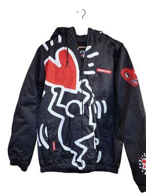 Keith Haring Members Only Jacket Black Graffiti Art Heart Bomber Mens Small NEW